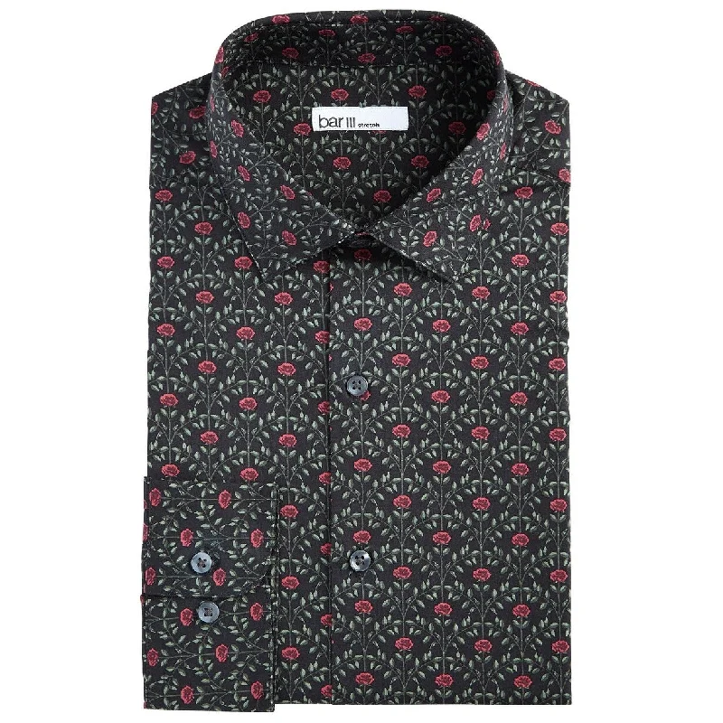 Bar III Men's Slim-Fit Rose Arch-Print Dress Shirt Black 32-33