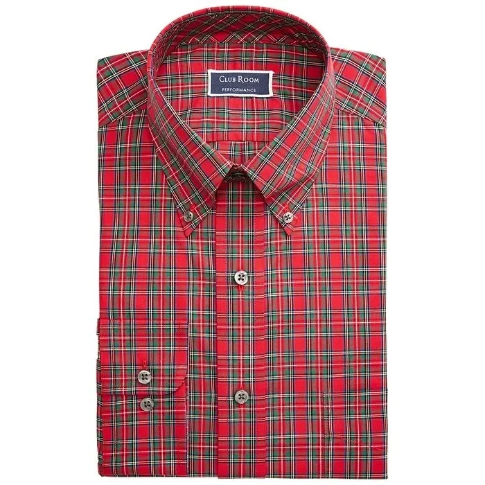 Club Room Men's Big & Tall Classic/Regular-Fit Wrinkle-Resistant Tartan Dress Shirt Red Size 34-35