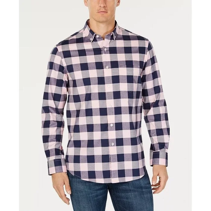 Club Room Men's Herringbone Plaid Pocket Shirt Navy Size Medium