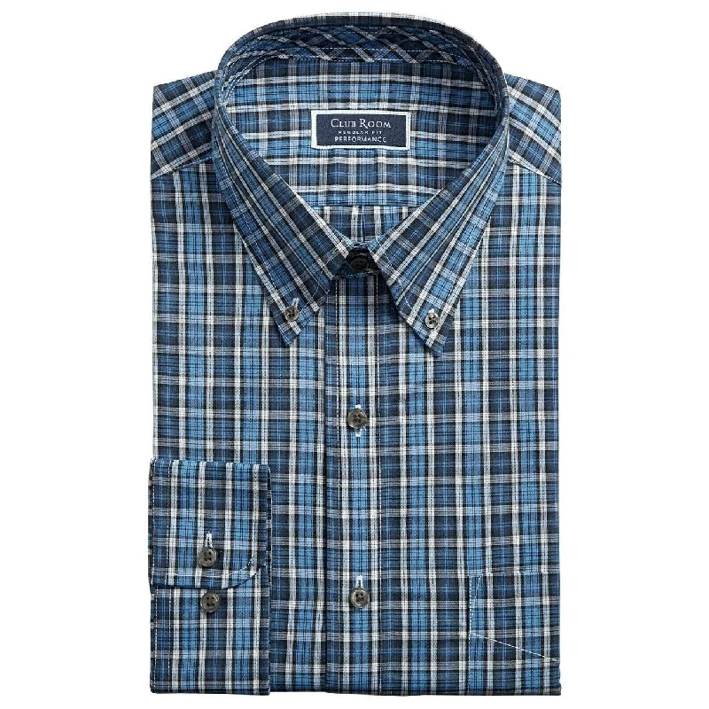 Club Room Men's Regular Fit Performance Plaid Dress Shirt Navy Size 17.5x32-33