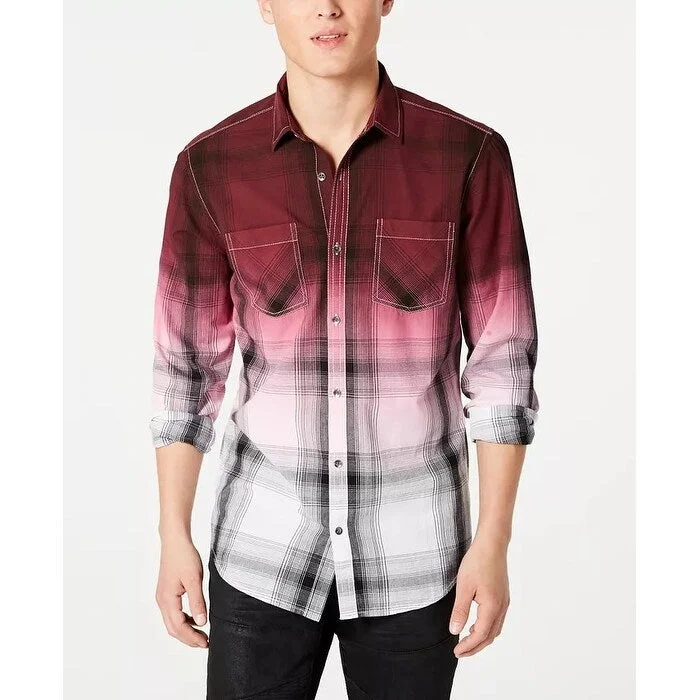 INC International Concepts Men's Regular Fit Dip Dyed Plaid Shirt Wine Size Small