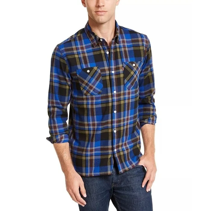 Levi's Men's Dual Pocket Plaid Flannel Shirt Turq Aqua Size Medium