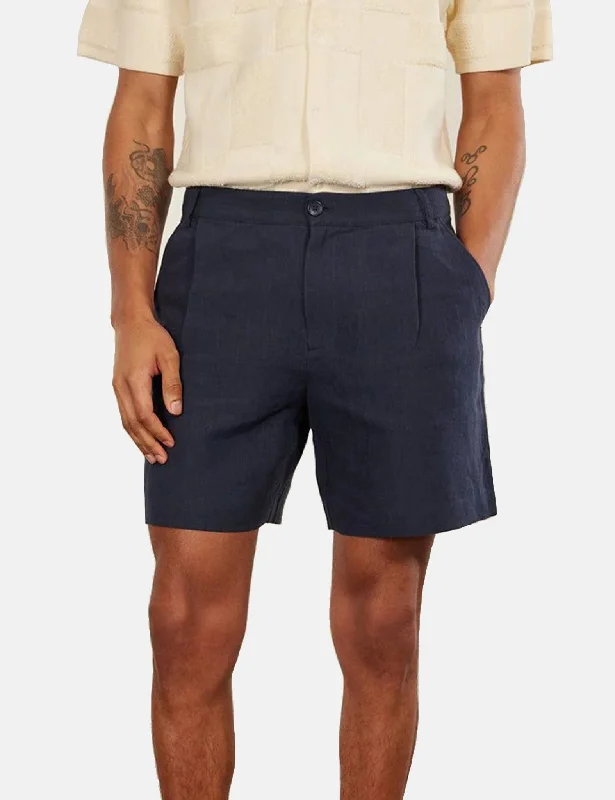 Percival Pleated Linen Shorts - Navy Blue