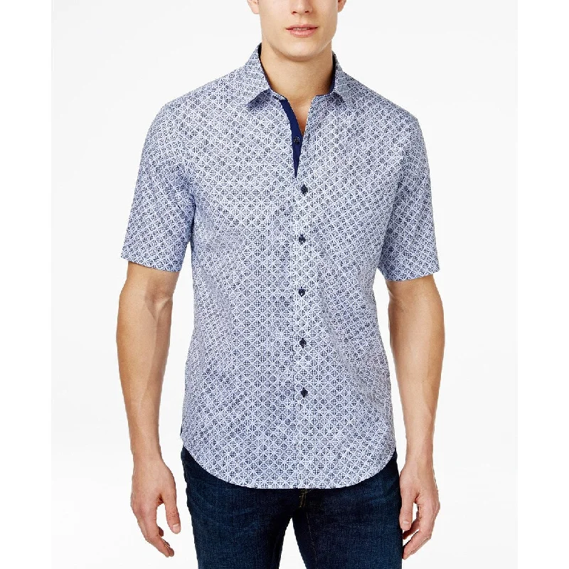 Tasso Elba Men's Medallion Tile-Print Short-Sleeve Shirt Blue Size Large