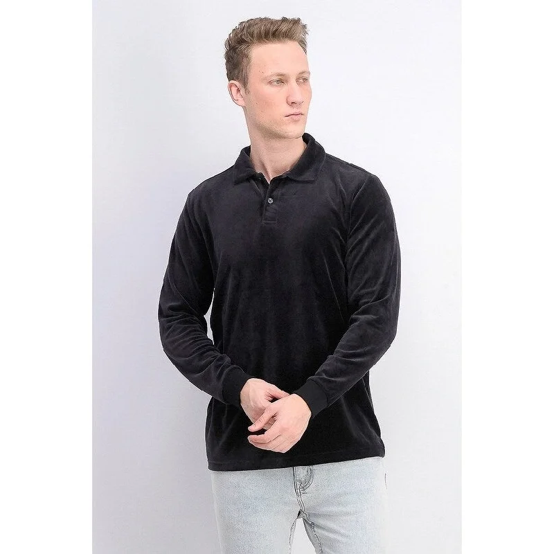 Tasso Elba Men's Velour Long Sleeve Polo Shirt Black Size Extra Large