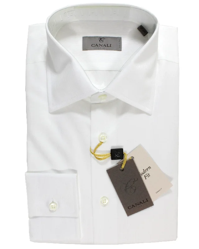 Canali Dress Shirt White Tonal Stripes - Modern Fit 40 - 15 3/4