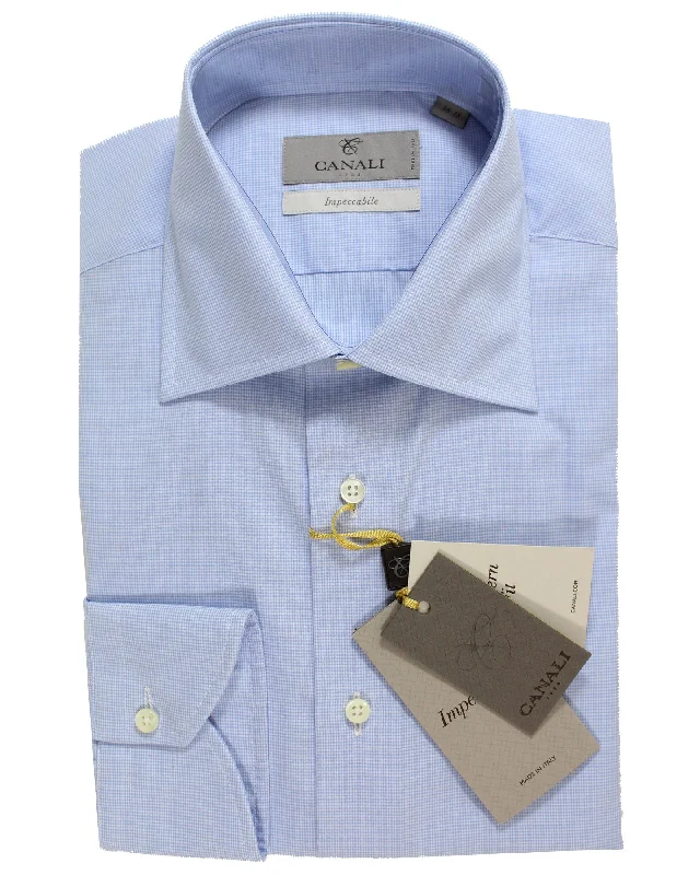 Canali Dress Shirt White Blue Mircro Check Impeccabile - Modern Fit 38 - 15