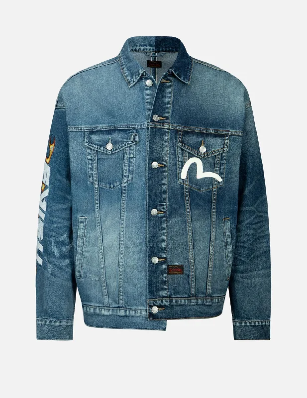 Flame Logo Embroidery Half & Half Denim Jacket