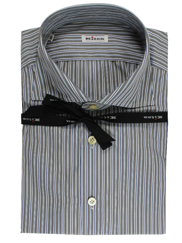 Kiton Dress Shirt White Gray Royal Blue Stripes 44 - 17 1/2 SALE