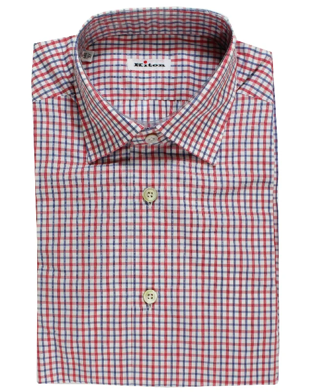 Kiton Short Sleeve Shirt White Red Royal Blue Check 37 - 14 1/2 SALE