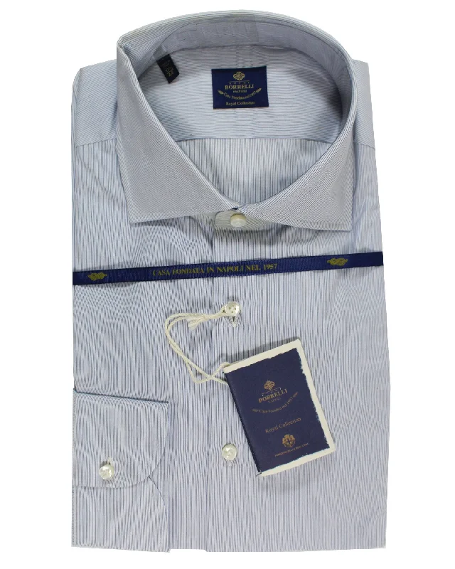 Luigi Borrelli Dress Shirt White Blue Stripes - Royal Collection 38 - 15 SALE