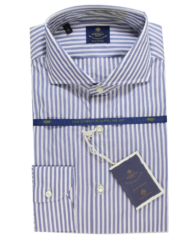 Luigi Borrelli Dress Shirt White Navy Stripes 44 - 17 1/2 Royal Collection Spread Collar