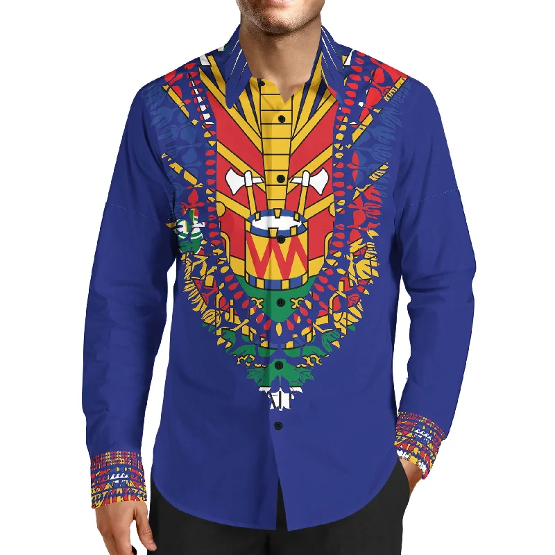 MEN'S FASHION LUXURY TMMG BLUE HAITIAN FLAG DASHIKI DRESS SHIRT