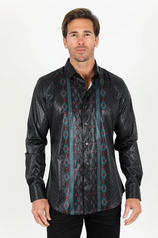 Mens Modern Fit Stretch Aztec Foiled Shirt - Black