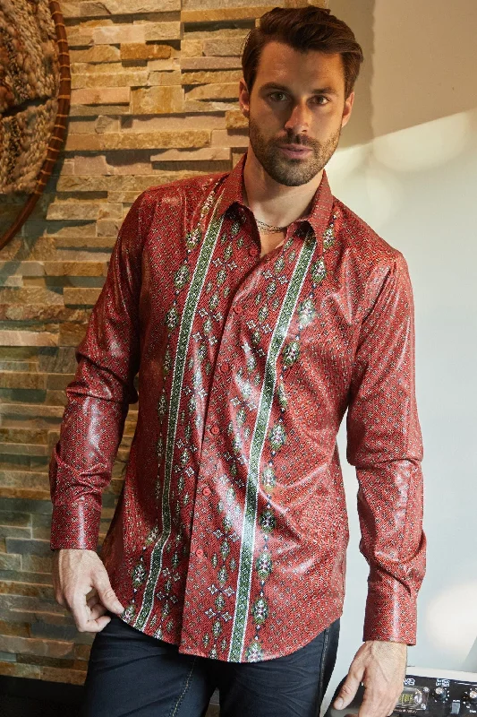 Mens Modern Fit Stretch Aztec Foiled Shirt - Red