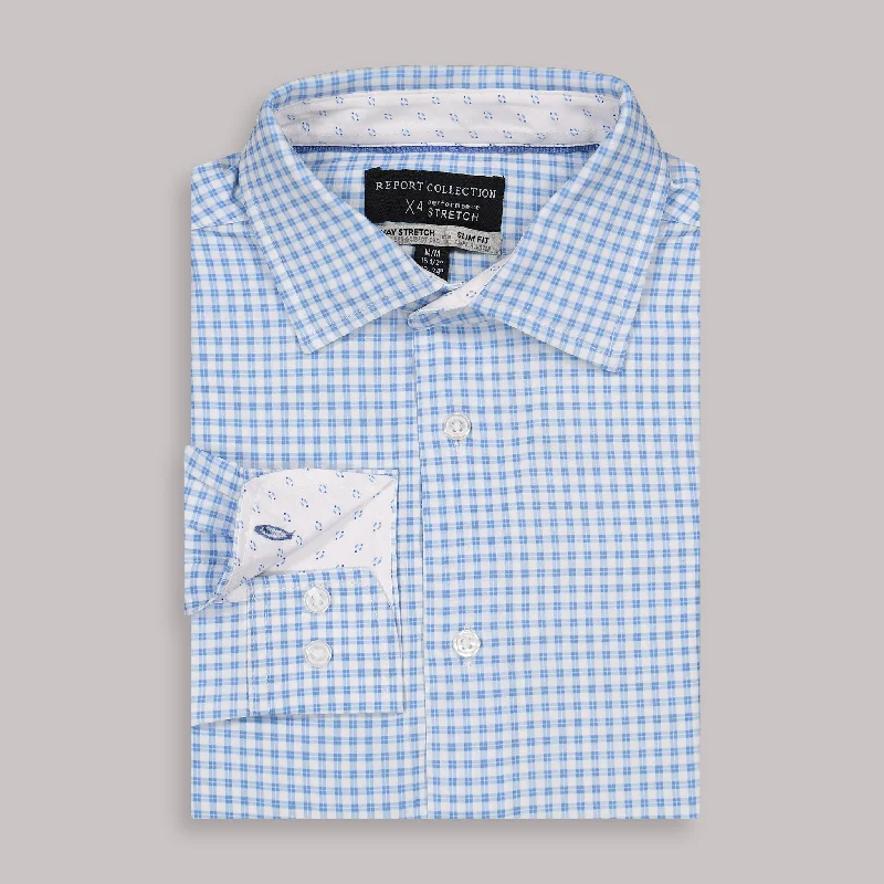 Long Sleeve 4-Way Dress Shirt with Check Print in Blue