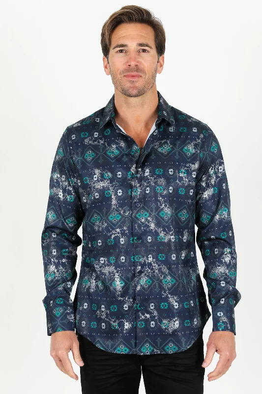 Mens Modern Fit Stretch Foiled Shirt - Navy