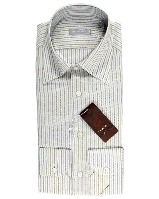 Stefano Ricci Shirt Slim Fit White Taupe Stripes Linen Cotton 38 - 15 SALE