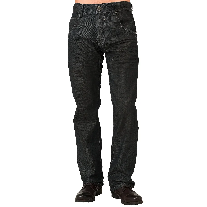 Men's Relaxed Straight Dark Blue Oil Stain Zipper Pocket Denim Jeans