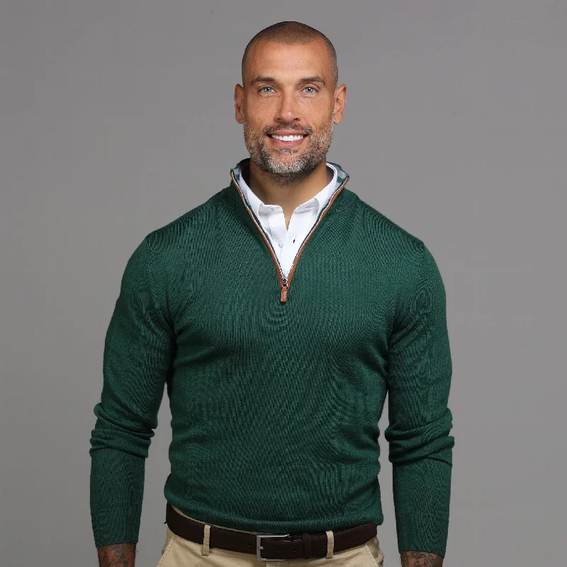 Hunter Green with Brown Suede Trim Cashmere Touch Australian Merino Quarter Zip Sweater