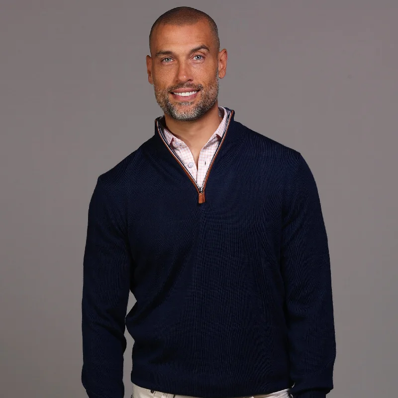 Navy with Brown Suede Trim Cashmere Touch Australian Merino Quarter Zip Sweater