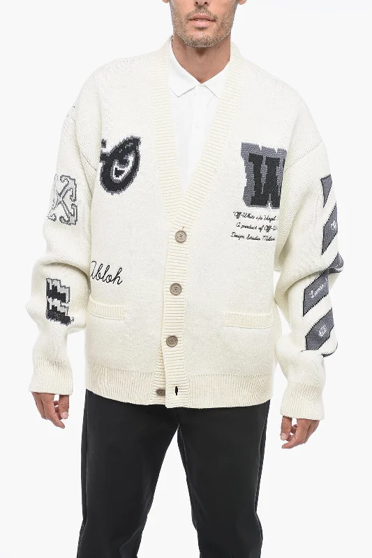 Off-White Jaquard Oversized MOON Cardigan with Embroidered Detail