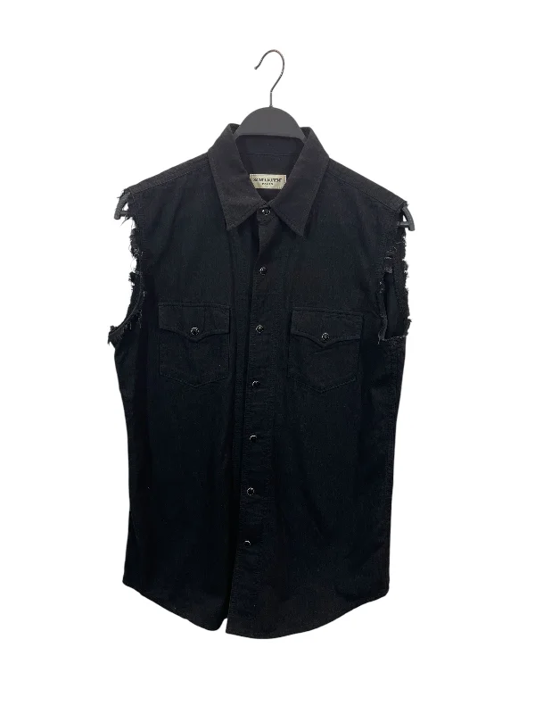 YVES SAINT LAURENT/Flannel Shirt/S/Cotton/BLK/sleeveless distressed buttonup