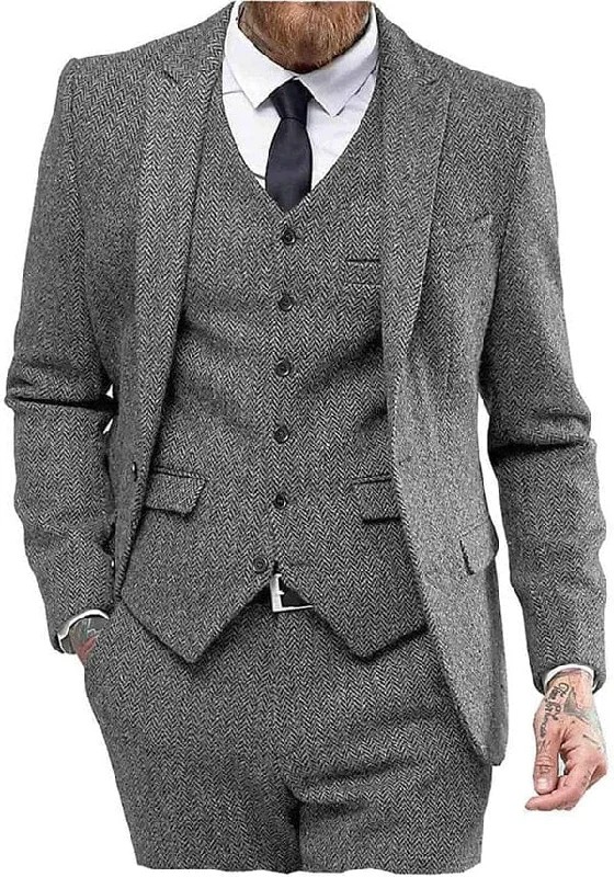 3 Piece Mens Suit Herringbone Peak Lapel Tuxedos (Blazer+vest+Pants)