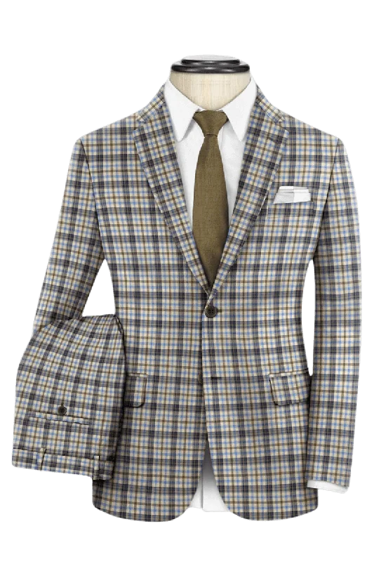 Beige Plaid 2-Button Wool 3-Piece Suit