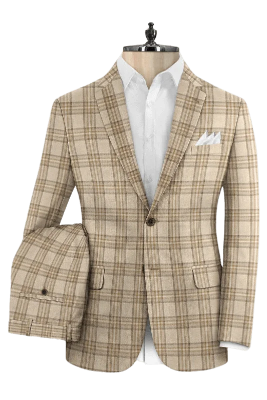 Beige Plaid Wool Single Vent Suit