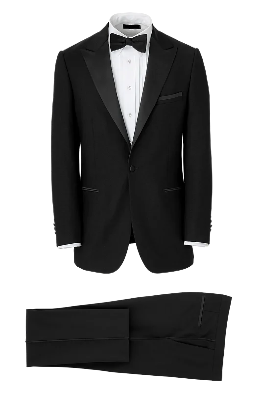 Black Wool Stretch Single Breasted Peak Lapel Suit