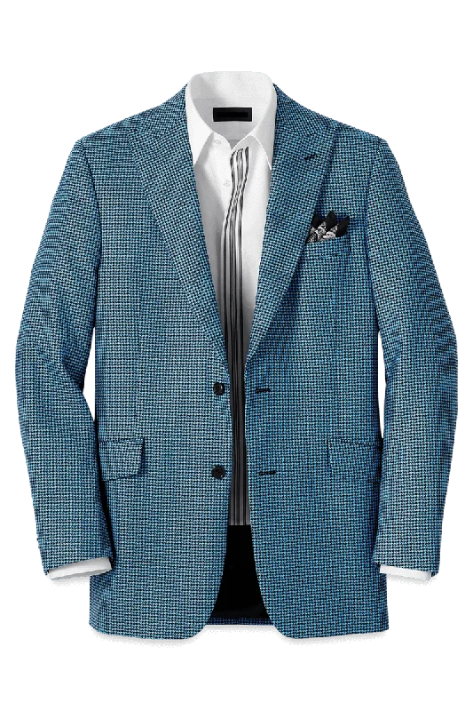 Blue & Black Houndstooth Wool Single Breasted Peak Lapel Jacket