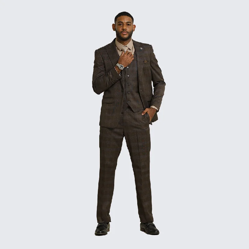 Brown Glen Check Three Piece Suit By Stacy Adams - Wedding - Prom