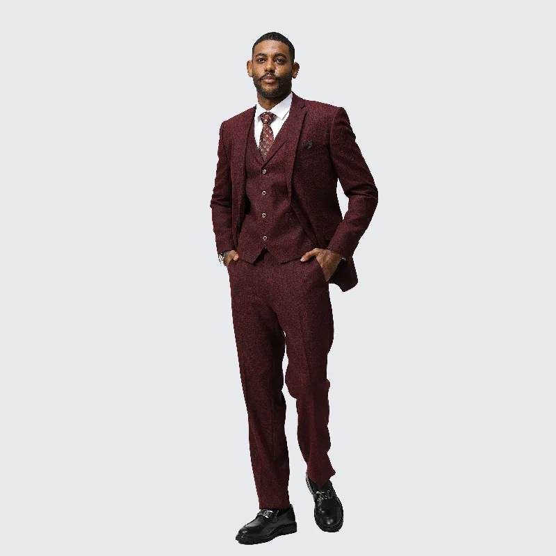 Burgundy Tweed Suit Three Piece Set - Wedding - Prom