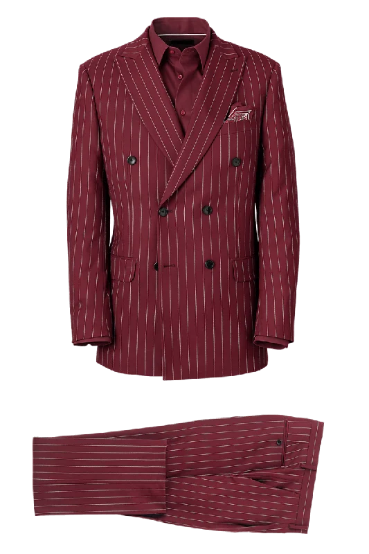 Burgundy Wool Stretch Stripe Double Breasted Suit