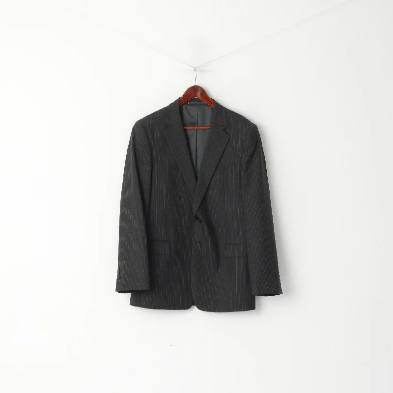 Jaeger Men 42 Blazer Dark Gray Striped Wool Single Breasted Regular Jacket