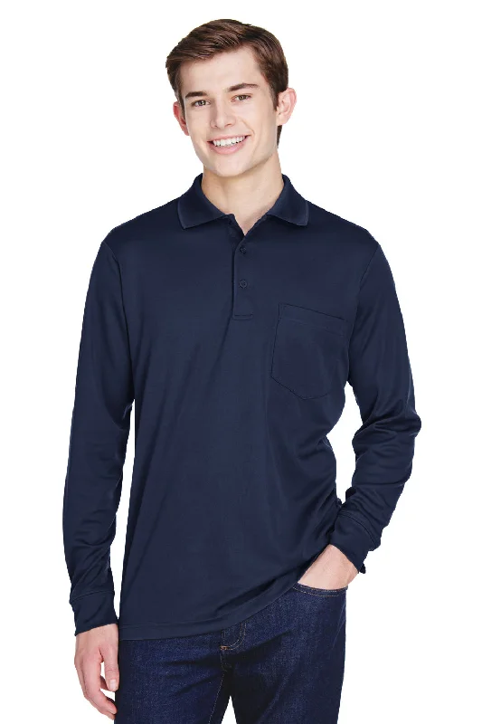 Core 365 Mens Pinnacle Performance Moisture Wicking Long Sleeve Polo Shirt w/ Pocket - Classic Navy Blue