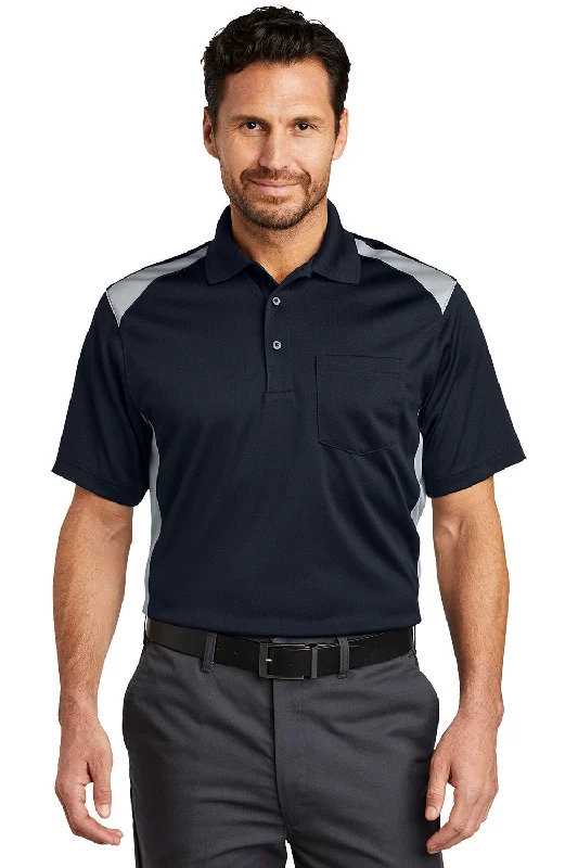 CornerStone Mens Select Moisture Wicking Short Sleeve Polo Shirt w/ Pocket - Dark Navy Blue/Light Grey