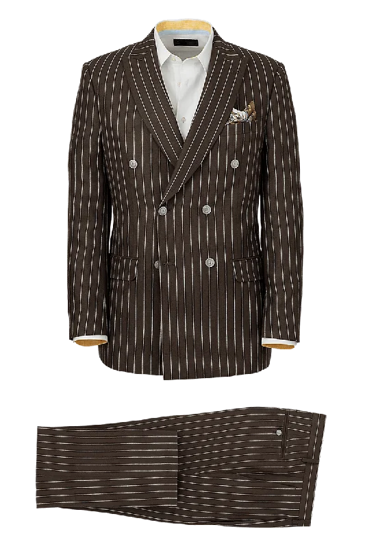 Dark Brown Linen Pinstripe Double Breasted Peak Lapel Suit