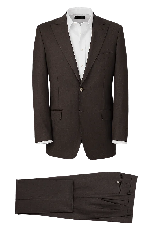 Dark Brown Wool Stretch Single Breasted Peak Lapel Suit