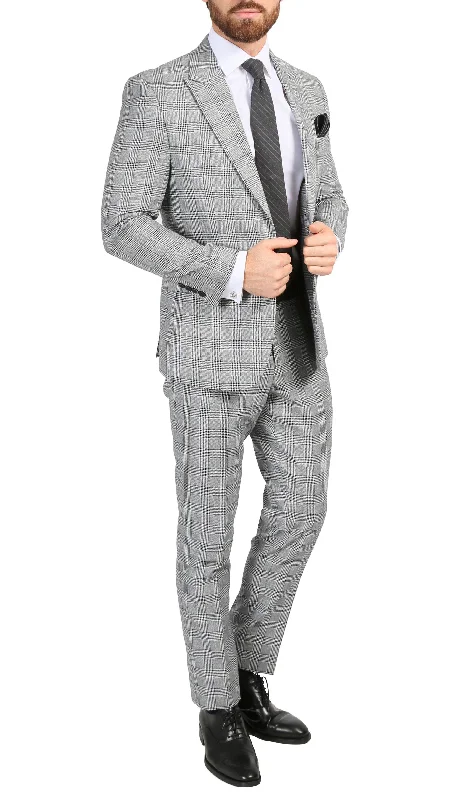 Ferrecci Men's Conrad Skinny Slim Fit Grey 2 Piece Glen Plaid Peak Lapel Suit