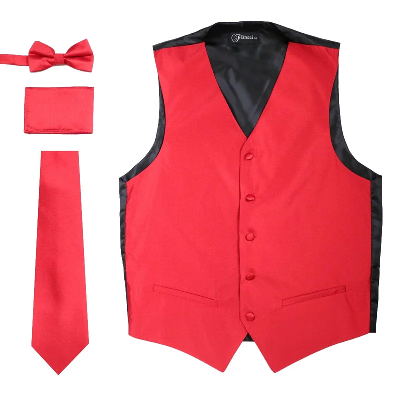 Ferrecci Mens Solid Red Wedding Prom Grad Choir Band 4pc Vest Set