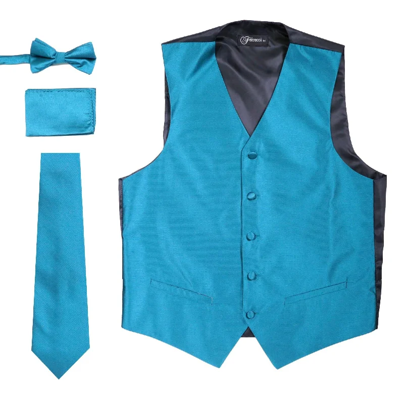 Ferrecci Mens Solid Teal Wedding Prom Grad Choir Band 4pc Vest Set