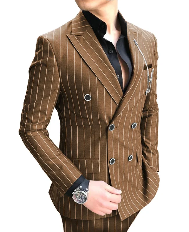 Formal Men's 2 Pieces Pinstripe Suit Peak Lapel Striped Tuxedos (Blazer+Pants)