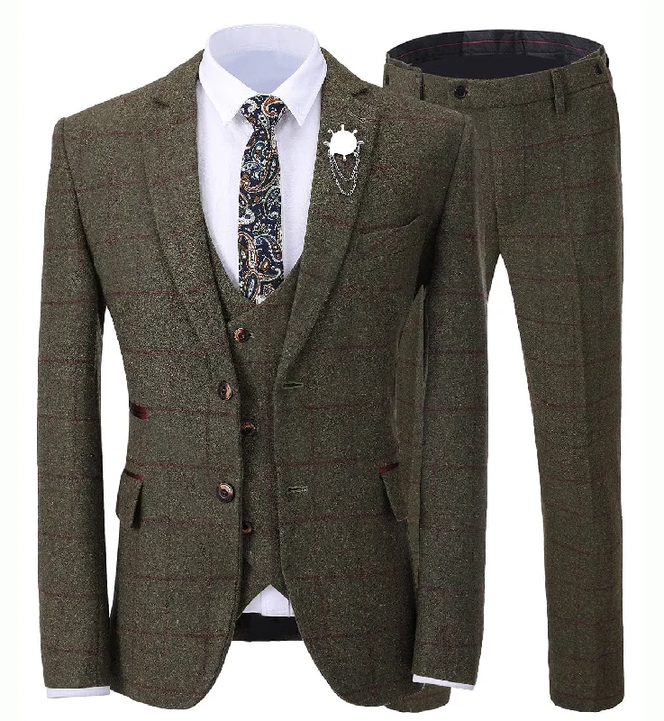 Formal Men's Business 3 Pieces Tweed Plaid Notch Lapel Suit Men for Wedding(Blazer+vest+Pants)