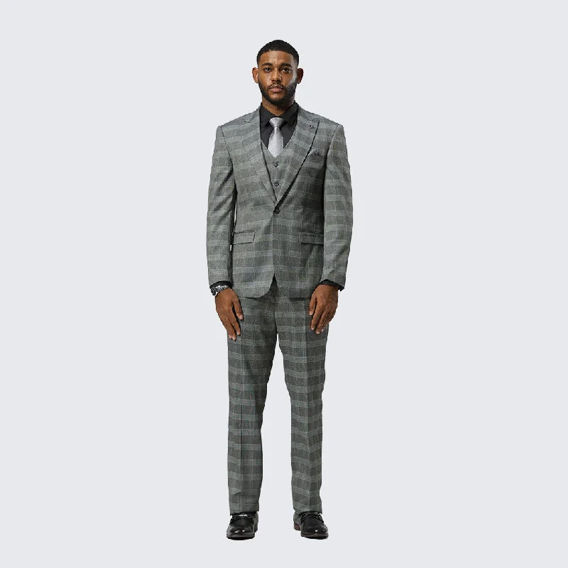 Grey Glen Check Three Piece Suit By Stacy Adams - Wedding - Prom