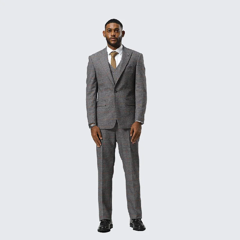 Grey Plaid Three Piece Suit By Stacy Adams - Wedding - Prom