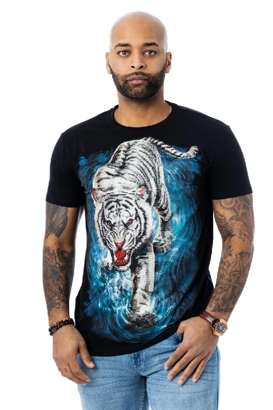 Heads or Tails Men's Tiger On Water Rhinestone Studded Graphic Printed T-Shirt