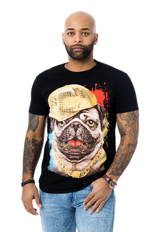 Heads or Tails Men's Cool Rich Pug Dog Rhinestone Studded Graphic Printed Short Sleeve T-Shirt