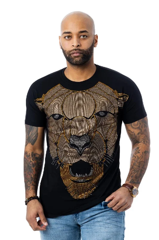 Heads or Tails Men's Cougar Face Saber Tooth Tiger Rhinestone Studded Graphic Printed Short Sleeve T-Shirt